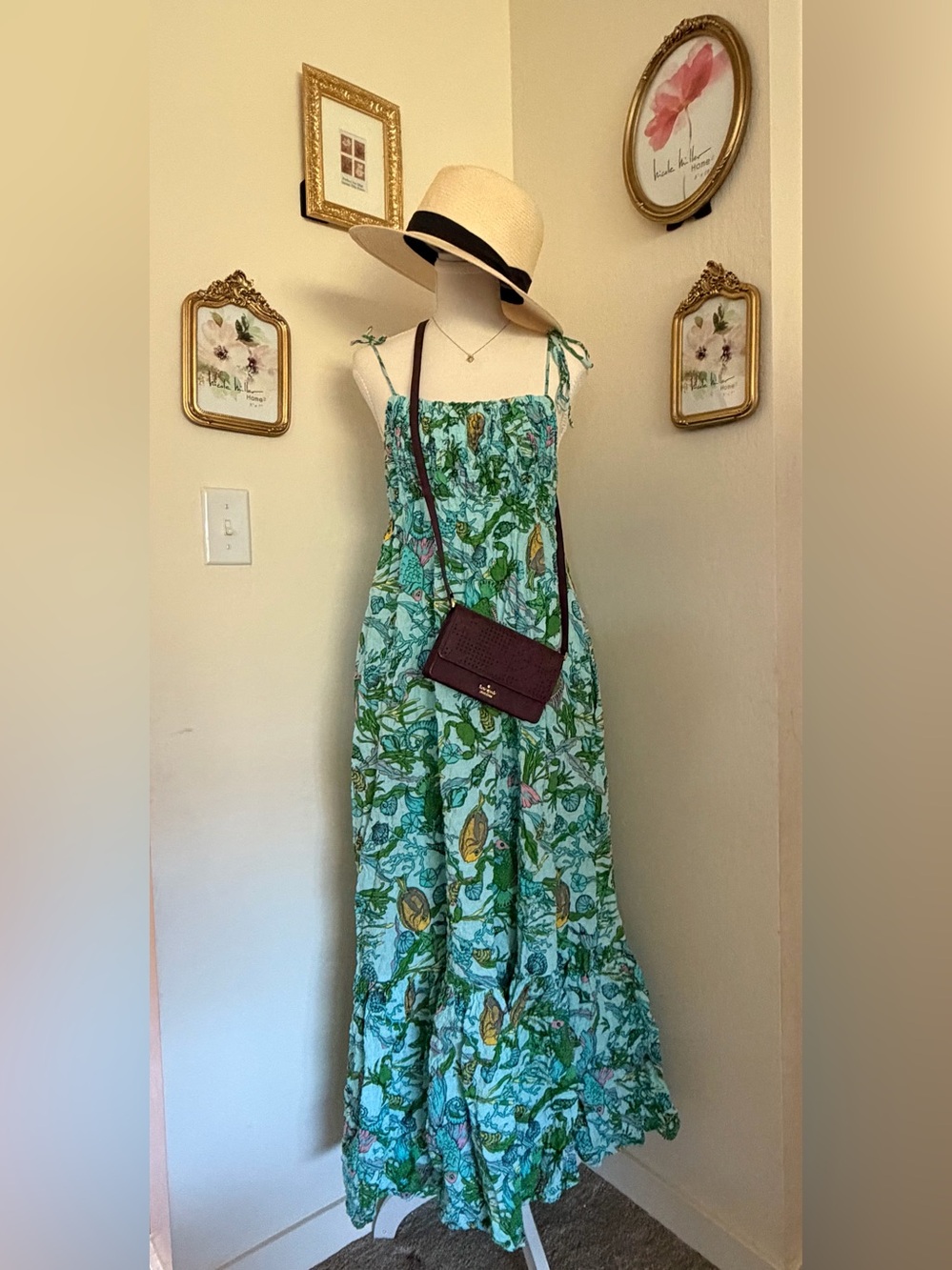 kate spade Green Floral Tie-Shoulder Maxi Dress with pockets - Picture 5 of 9